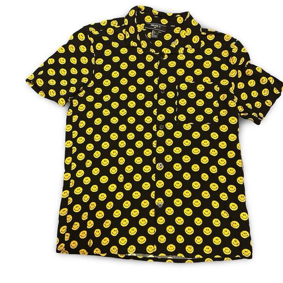 Forever 21 Button-Up Shirt Casual Black Smiley Face Print Men's M - Picture 1 of 4